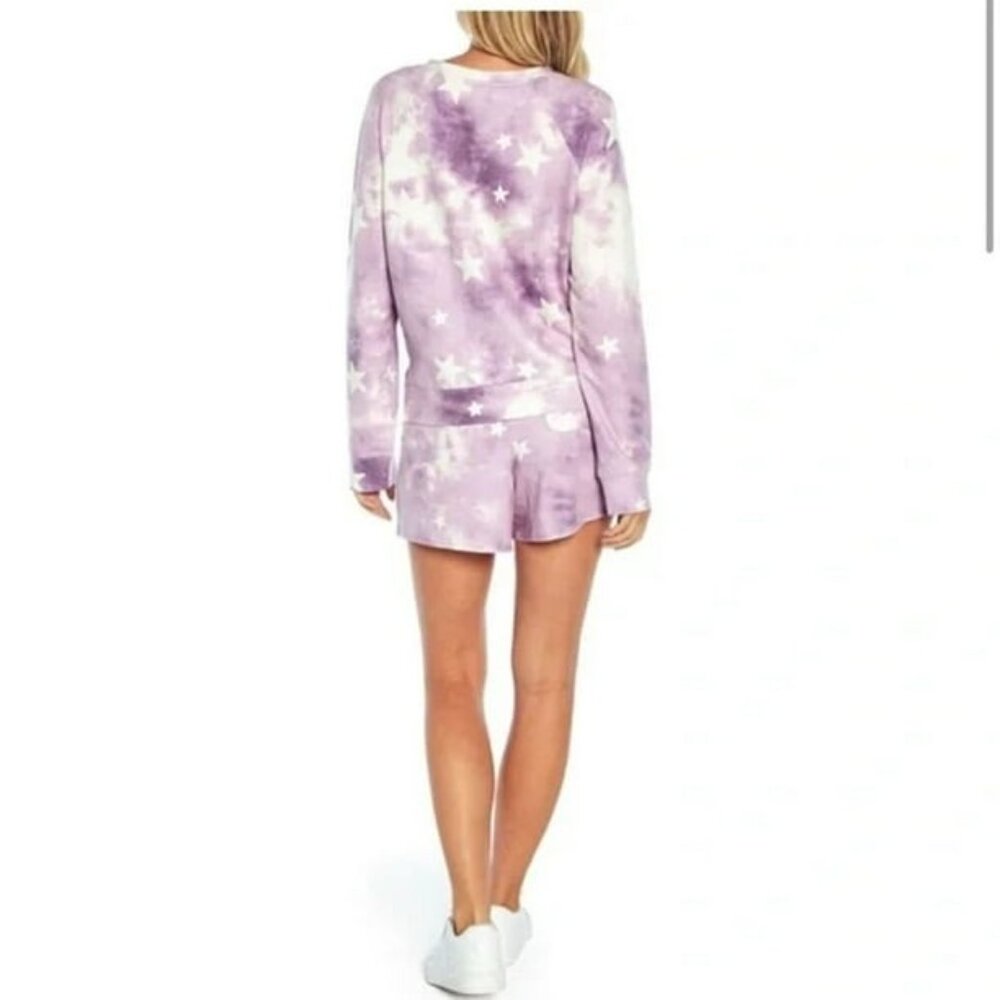 NWT Wildfox 2pc Lounge PJ Set Tie Dye Purple Stars Sweatshirt Shorts XL 18 20 - Picture 3 of 8